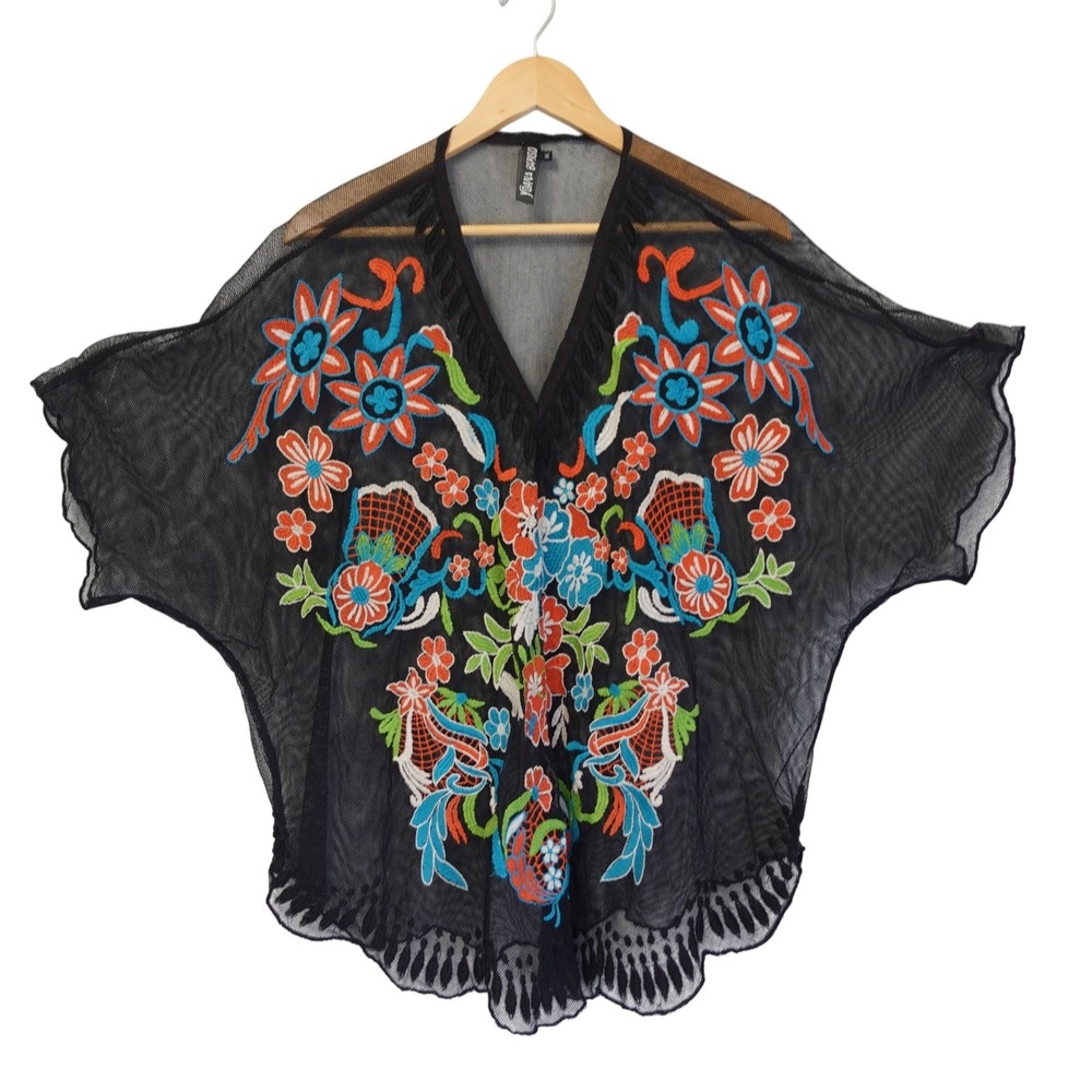 Anthropologie Yoana Baraschi Embroidered Sheer Floral Top Black Boho Cover Up M